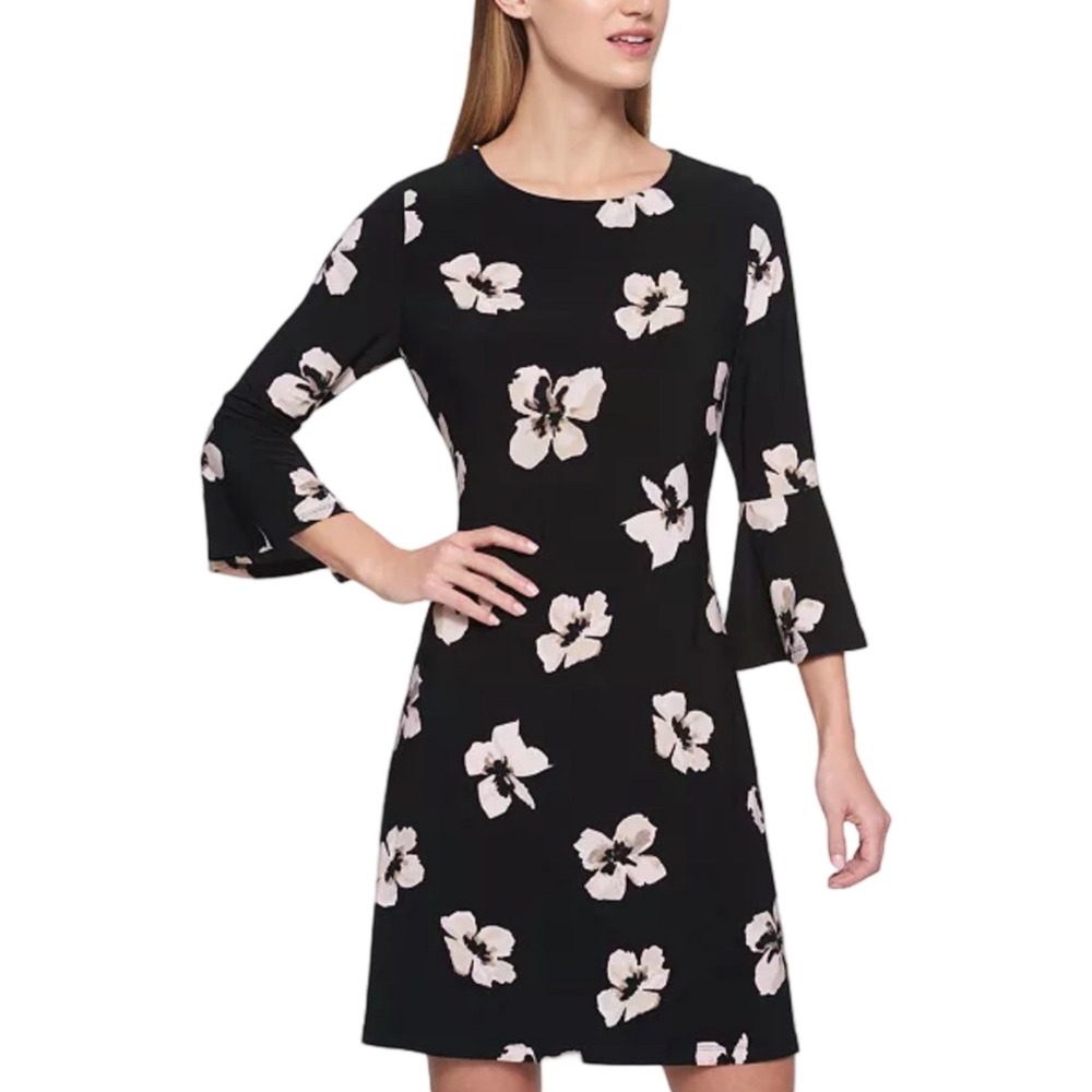 Tommy Hilfiger Black Floral Jersey Bell Sleeve A Line Dress 8 Retro 3/4 Slee‎